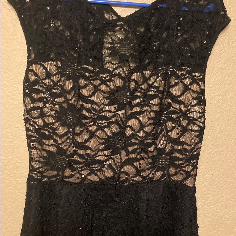 Blue sage large black lace over nude peplum